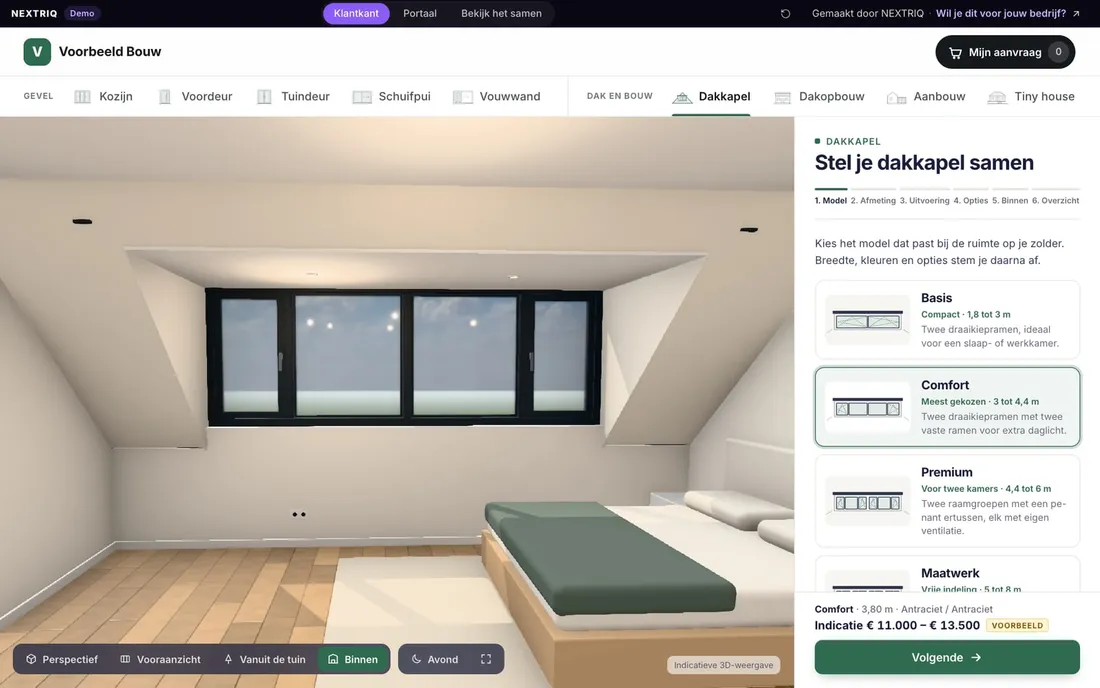 3D-configurator voor dakkapellen: de zolder van binnen gezien, met daglicht door de nieuwe dakkapel