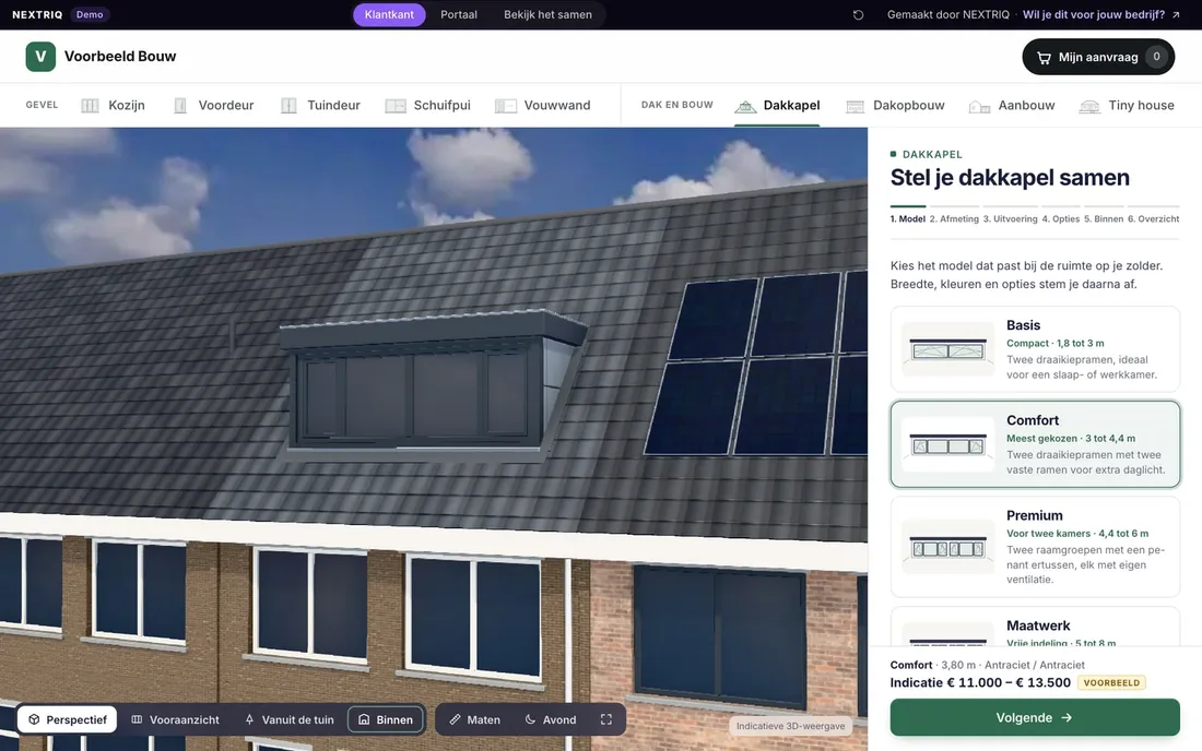 3D-configurator voor dakkapellen: antraciet dakkapel op een pannendak van een rijtjeshuis