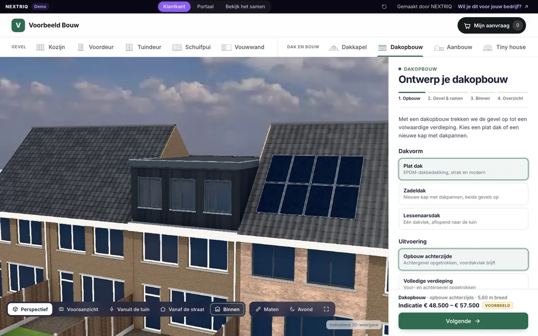 3D-configurator voor dakopbouwen: opbouw achterzijde met plat dak, zwarte gevelbekleding en drie ramen