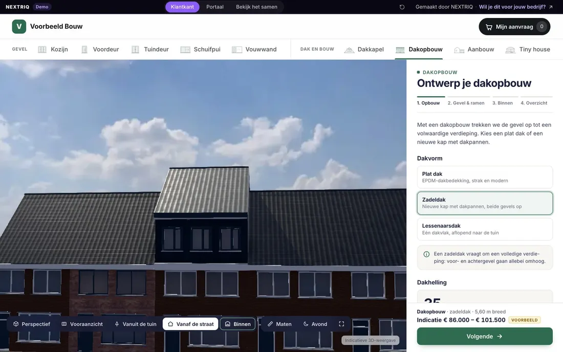 3D-configurator voor dakopbouwen: een nieuwe verdieping met zadeldak, bekeken vanaf de straat