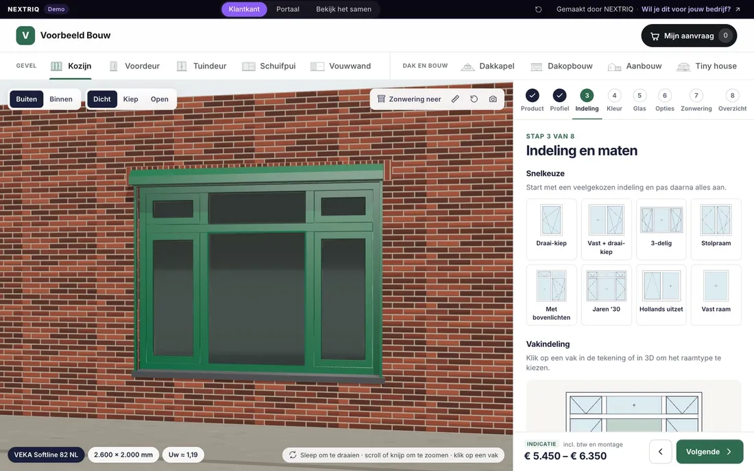 3D-configurator voor kozijnen: kozijn met bovenlichten in jaren '30-stijl, in monumentengroen