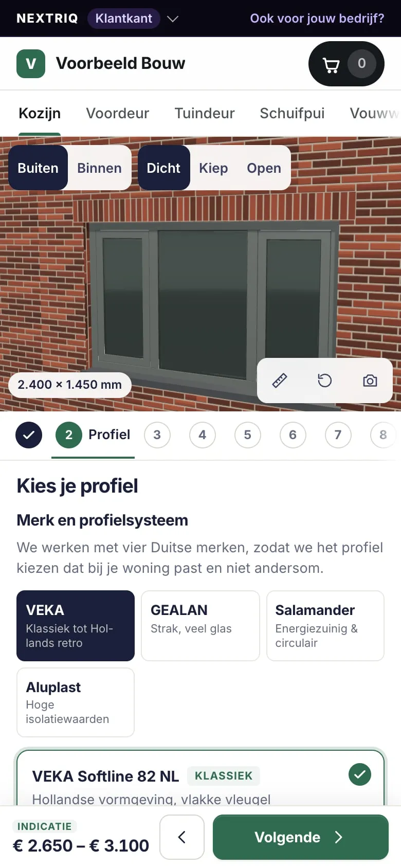 3D-configurator voor kozijnen op een telefoon: 3D-beeld bovenin en de keuzes eronder