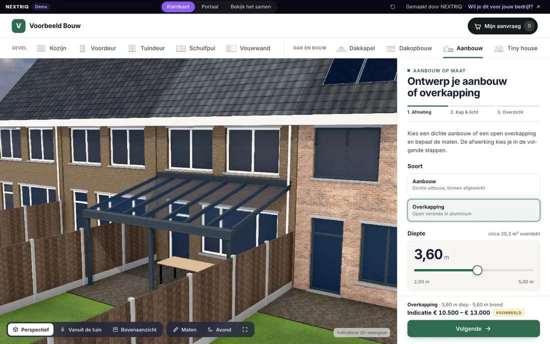 3D-configurator voor overkappingen: open aluminium veranda aan de achtergevel van een woning