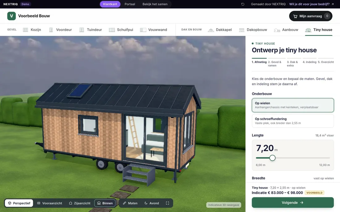 3D-configurator voor tiny houses: tiny house op een aanhangerchassis met houten gevel