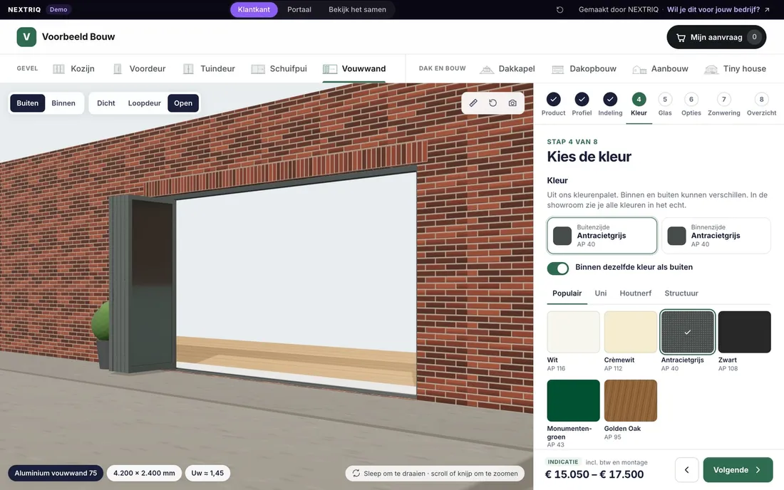 3D-configurator voor vouwwanden: aluminium vouwwand met de vleugels opengevouwen