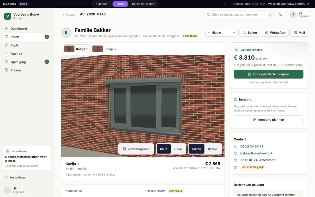 Portaal van de Bouwsuite: één aanvraag met het 3D-ontwerp van de klant, maten, keuzes en contactgegevens (voorbeeldgegevens)