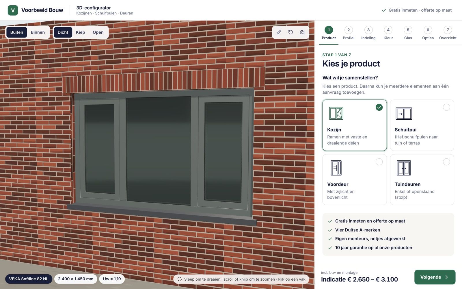 Schermafbeelding van de kozijnconfigurator in 3D