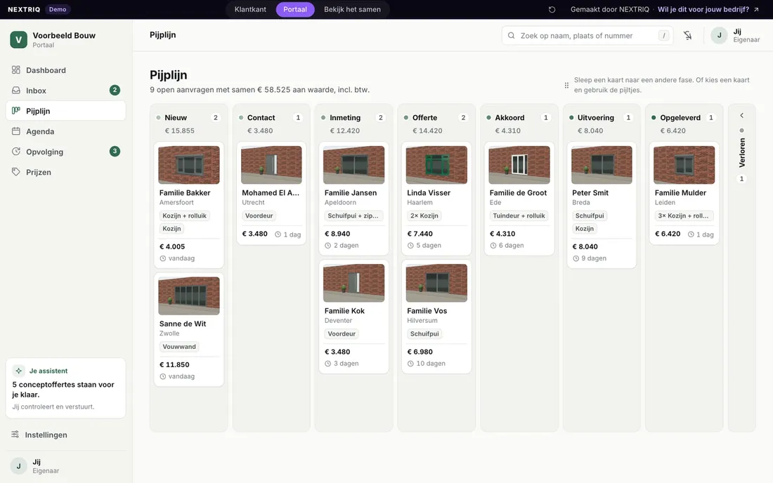 Portaal van de Bouwsuite: pijplijn van nieuw via inmeting en offerte naar akkoord en opgeleverd (voorbeeldgegevens)