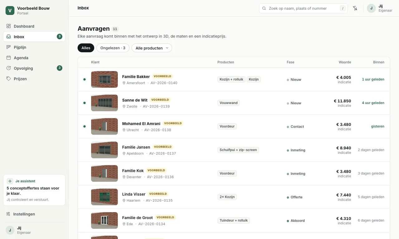 Inbox van het portaal waar een nieuwe aanvraag van Familie de Vries uit Gouda binnenkomt, met 3D-beeld, product en indicatieprijs (voorbeeldgegevens)
