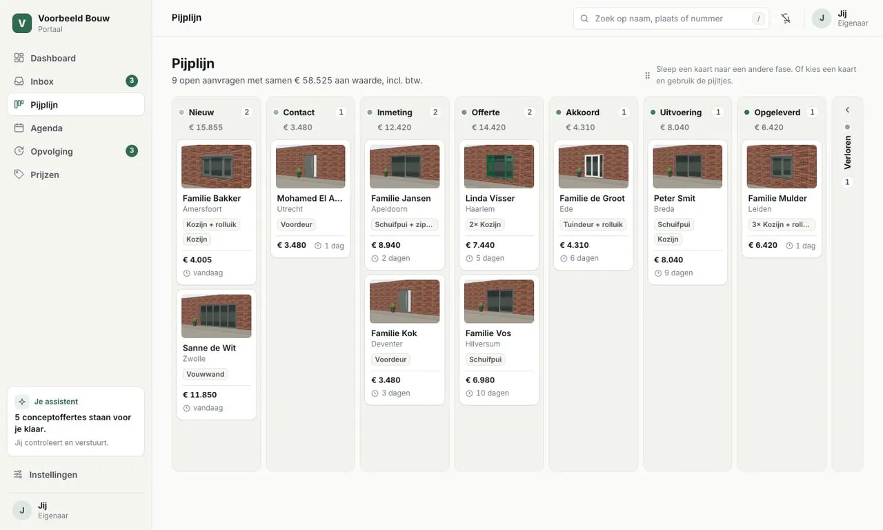 Pijplijn in het portaal met kolommen van Nieuw tot Opgeleverd; een aanvraag wordt van Nieuw naar Contact gesleept (voorbeeldgegevens)