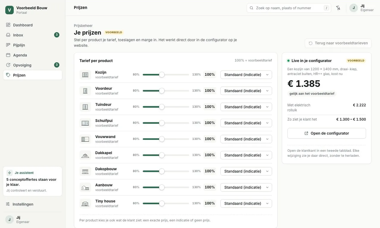 Prijsbeheer in het portaal: het tarief voor kozijnen gaat omhoog en de prijs in de configurator verandert direct mee (voorbeeldgegevens)