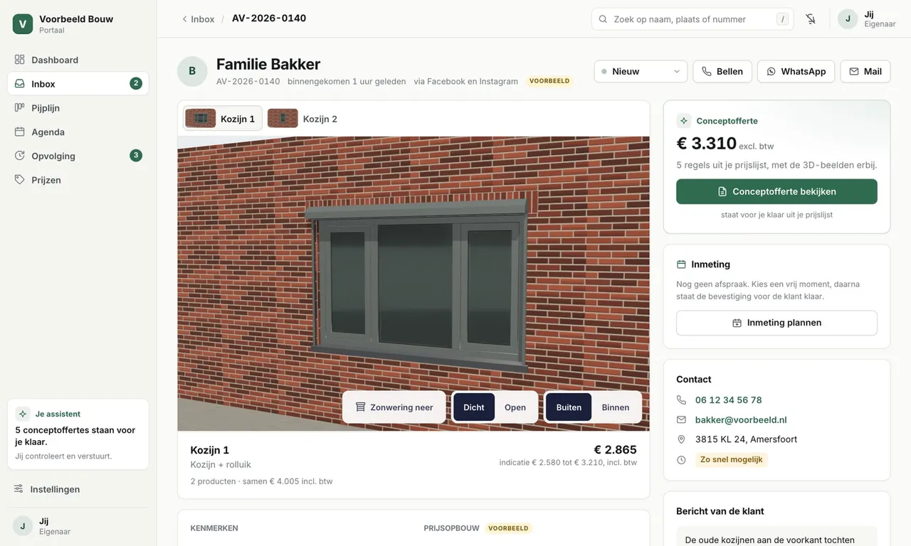 Aanvraag in het portaal met het kozijnontwerp van de klant in 3D, de zonwering, de indicatieprijs en de contactgegevens (voorbeeldgegevens)