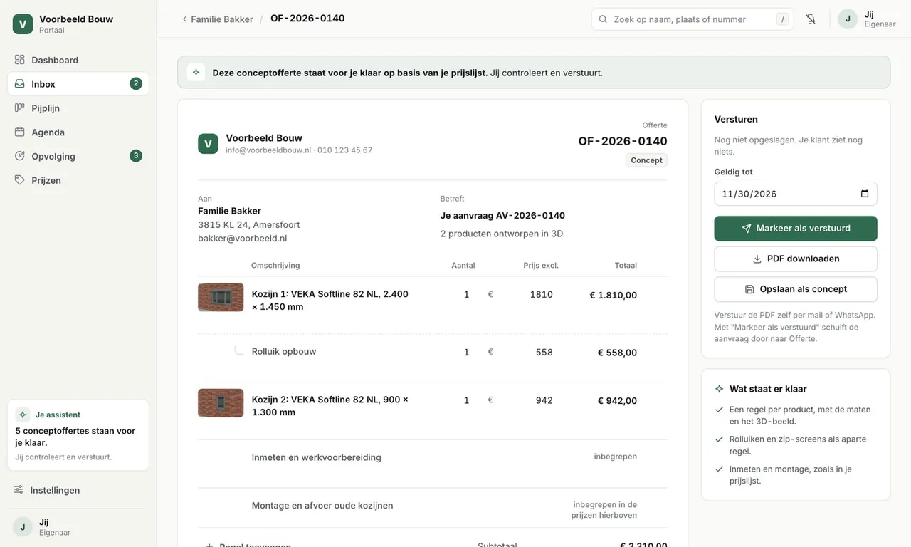 Conceptofferte in het portaal, opgebouwd uit de prijslijst met regels per product, subtotaal en btw, klaar om te controleren (voorbeeldgegevens)