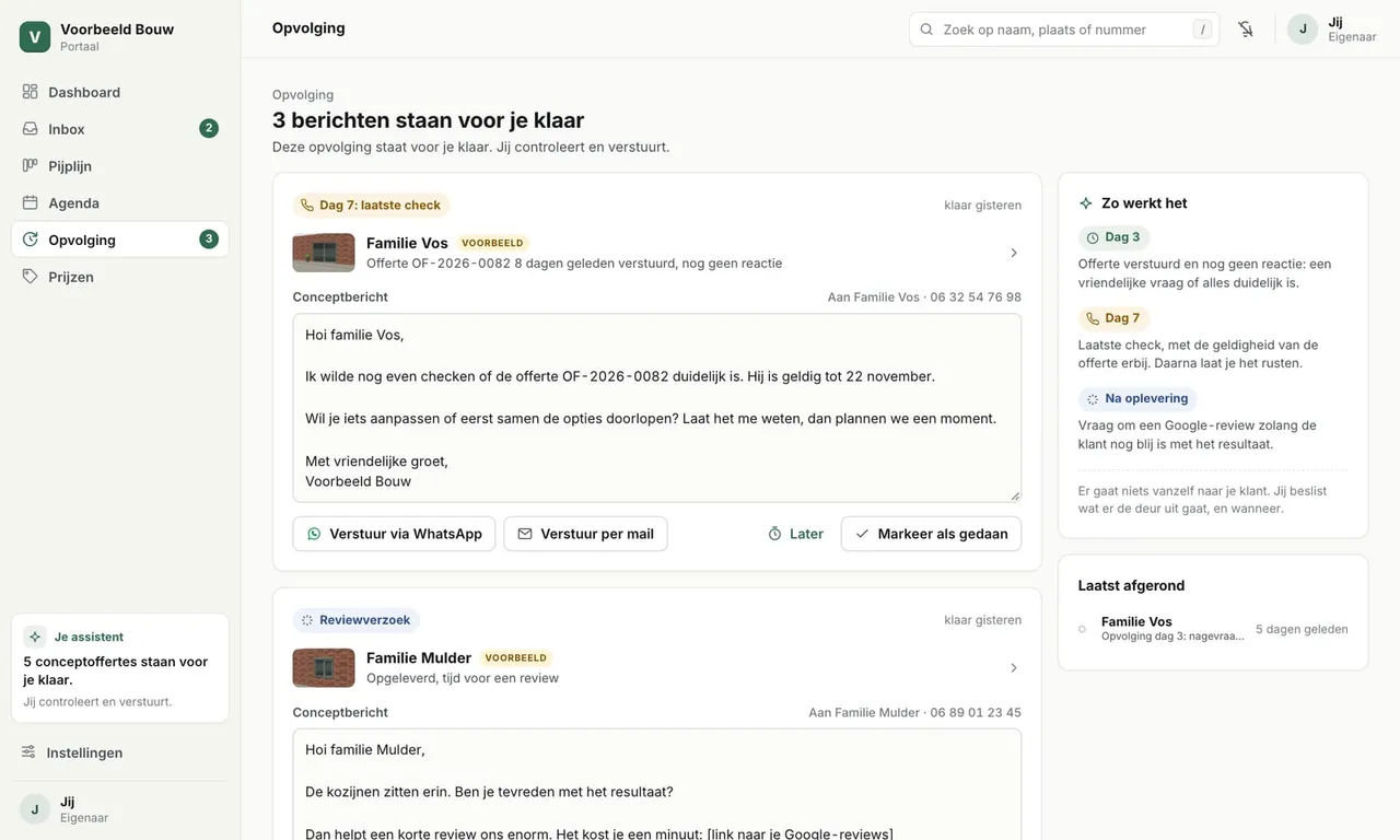 Opvolging in het portaal met conceptberichten voor dag 7 en een reviewverzoek, met knoppen om te versturen via WhatsApp of mail (voorbeeldgegevens)