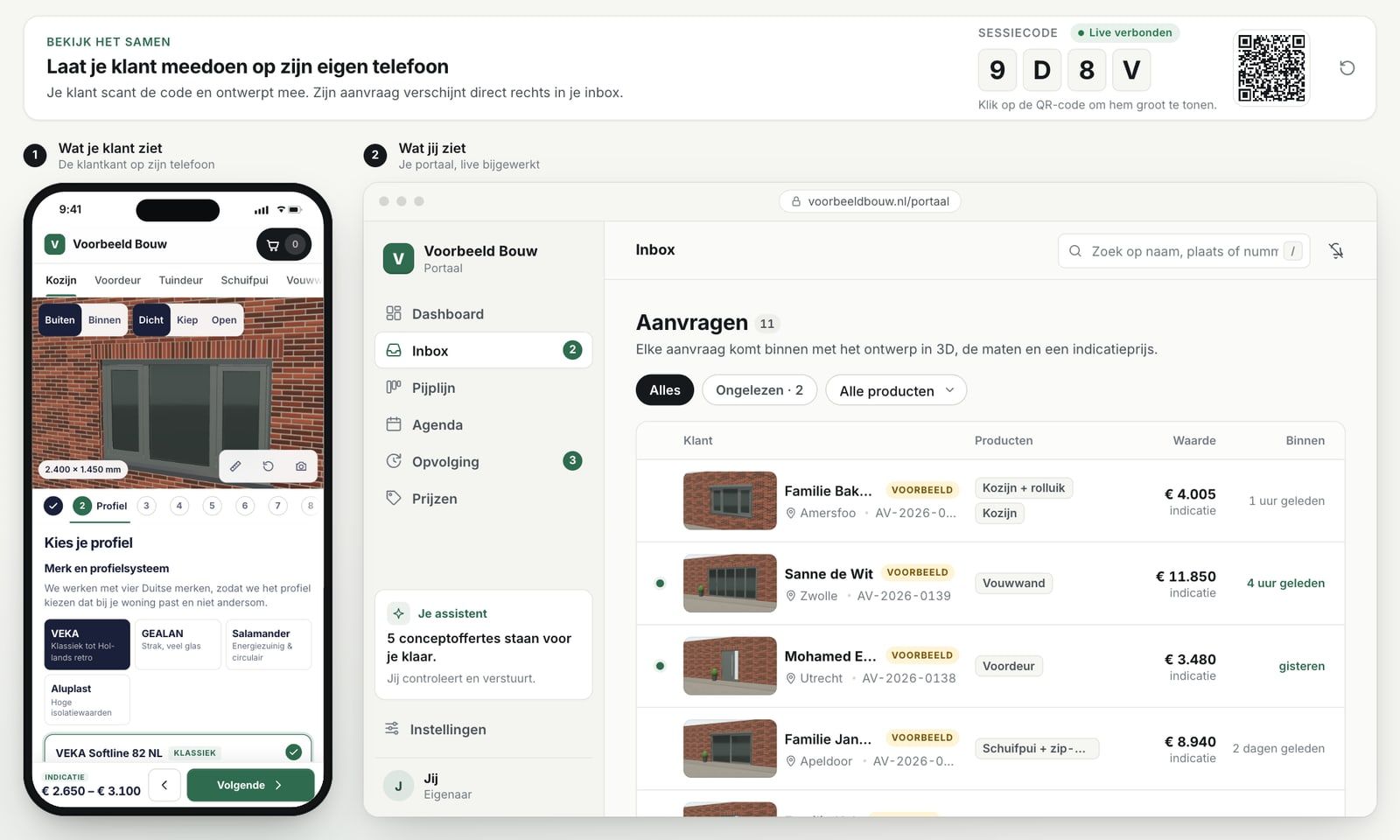 Bekijk het samen: links de configurator op een telefoon, rechts het portaal op de laptop waar de aanvraag live binnenkomt (voorbeeldgegevens)